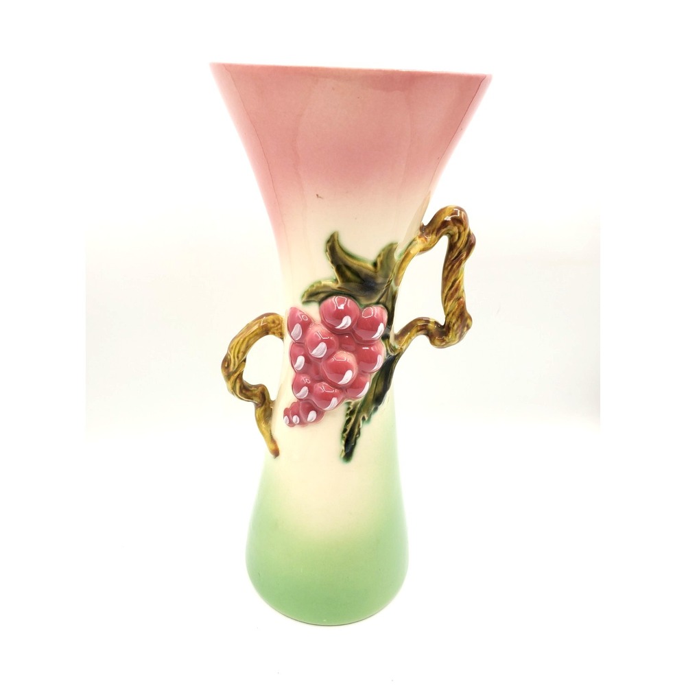 MCM Hull Pottery Tokay Grapes 12" Pink & Green Vase Twisted Grape Vine Handles